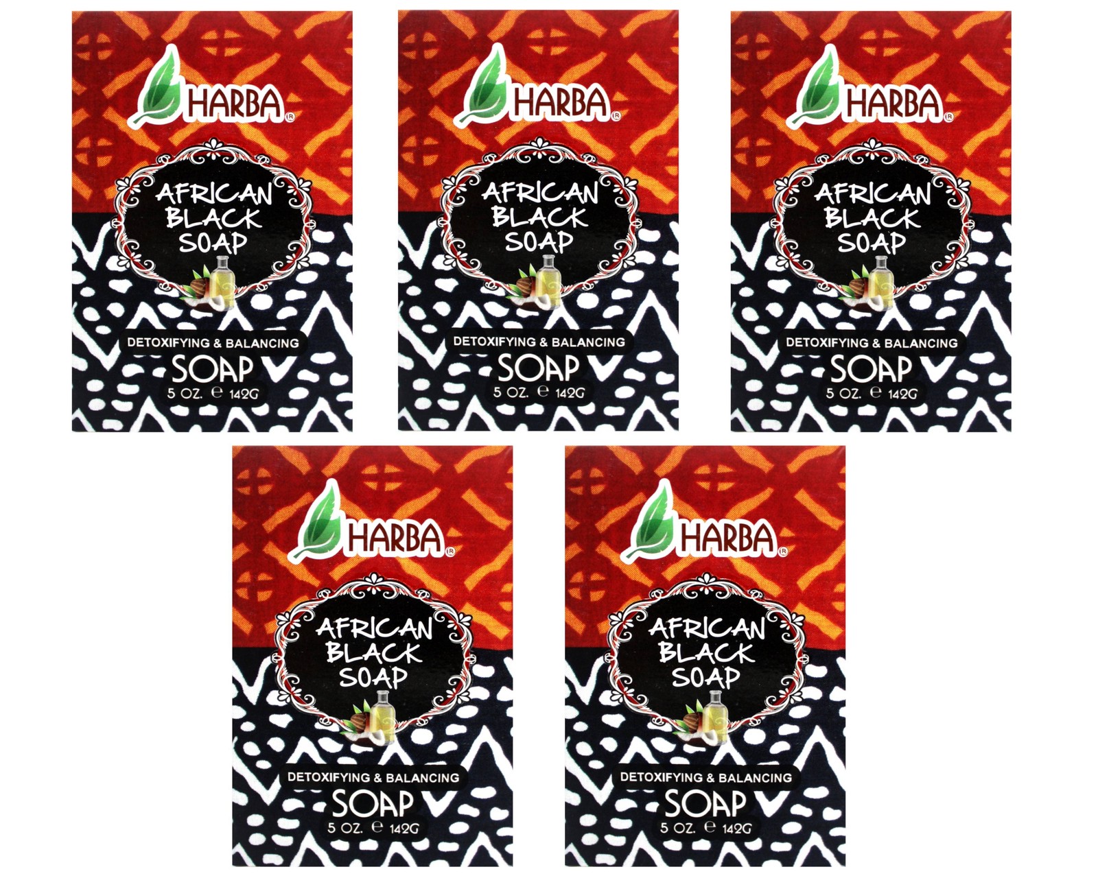 Harba Bath Soap African Black, Detoxifying & Balancing, 5 OZ (142g) – 5 Pack