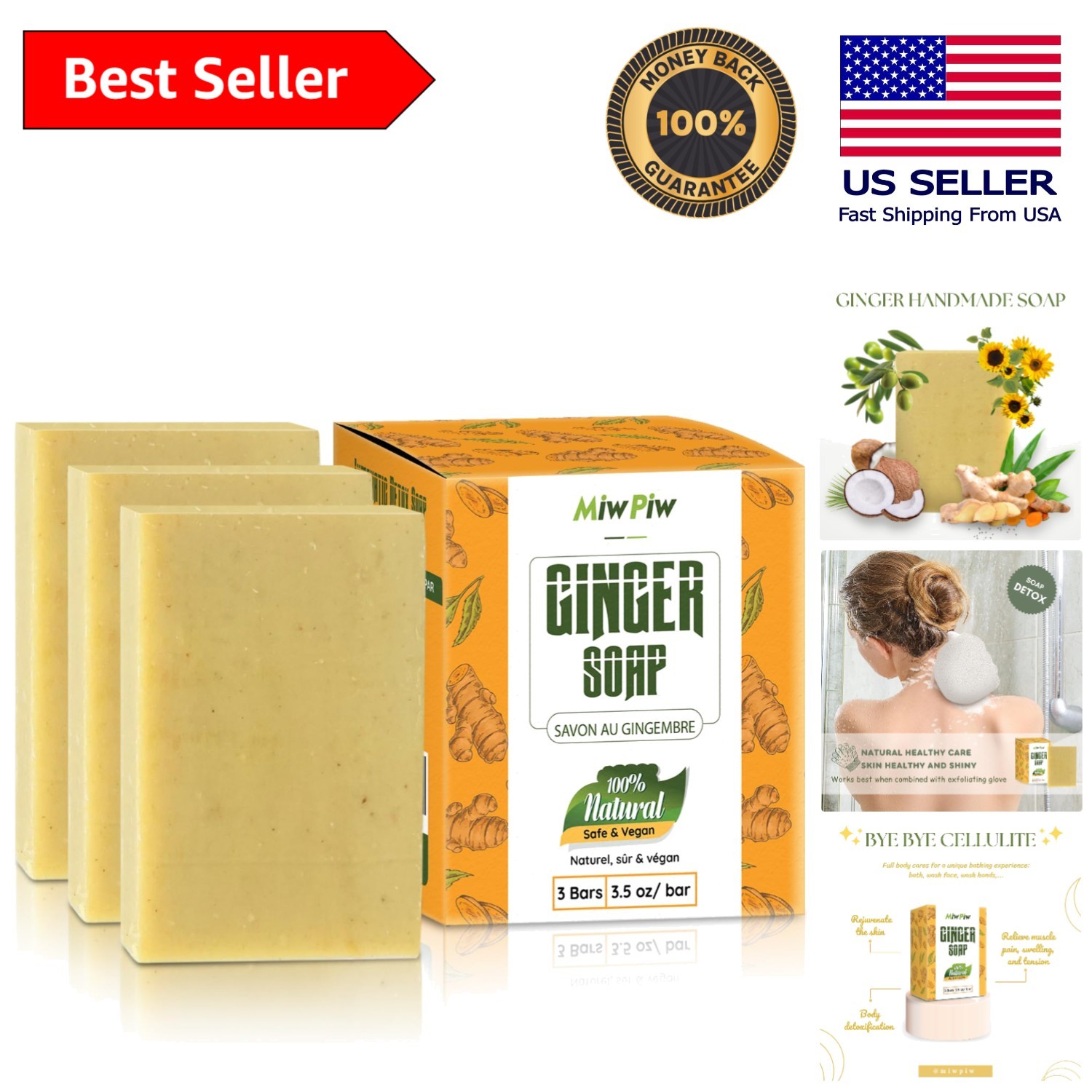 Natural Anti-Cellulite Ginger Soap – 3 Pack for Lymphatic Health & Firmness