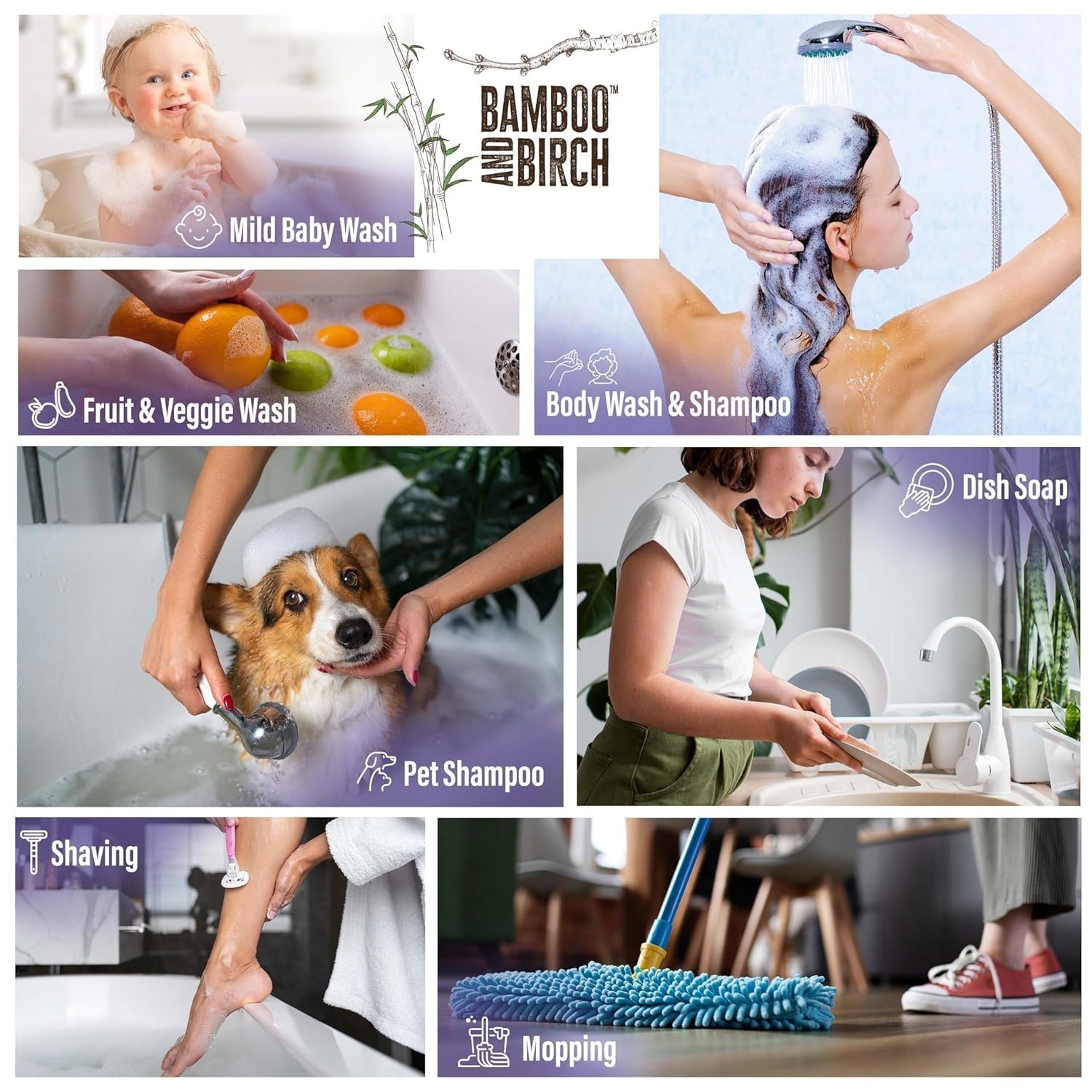 BAMBOO AND BIRCH Pure Castile Soap Liquid, Certified Palm Oil Free Natural Soap,