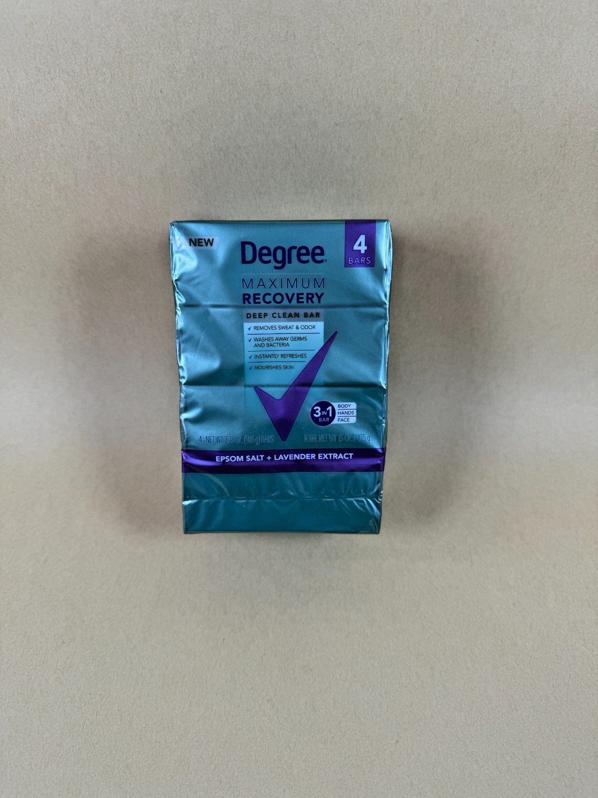Degree Max Recovery 3-in-1 Soap Bar Body Face, Epsom Salt + Lavender, Pack of 4