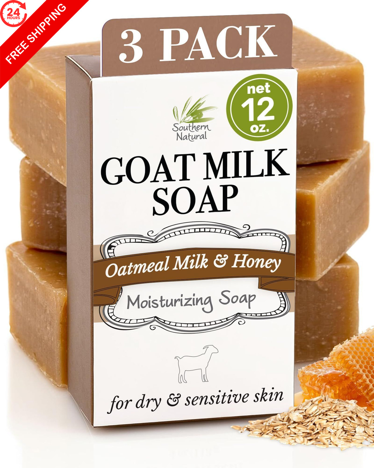 Southern Natural Goat Milk Soap Bar Oatmeal & 4.5 Ounce (Pack of 3)