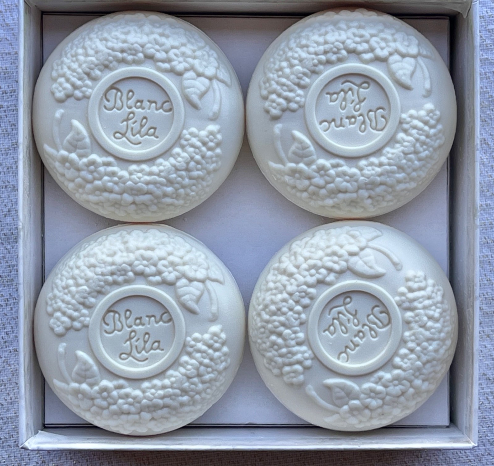 Petite Petite Blanc Lila Lilac Scented Soap Set Of Four 1.7 Oz Bars Gift Boxed