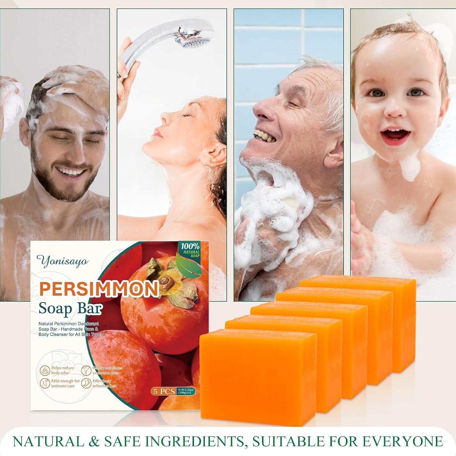 5 Pcs Persimmon Soap Bar for Old People Smell, Persimmon and Green Tea Extract f