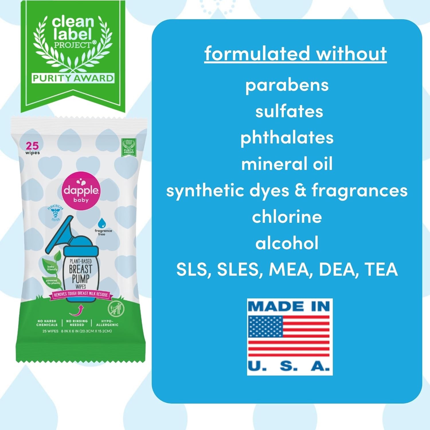 Dapple Baby Breast Pump Wipes, Powered by Plants, 25 Count (Pack of 3)