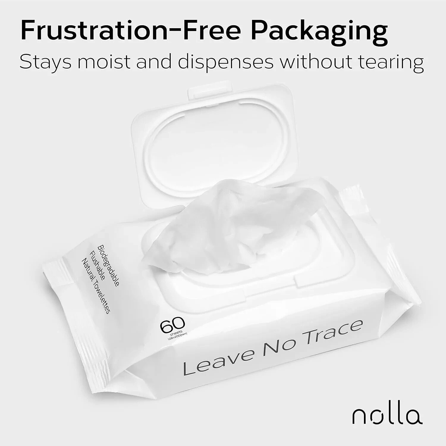 Nolla Flushable Wipes, 100% Plant-Based, Plastic-Free 60 Count (Pack of 6)