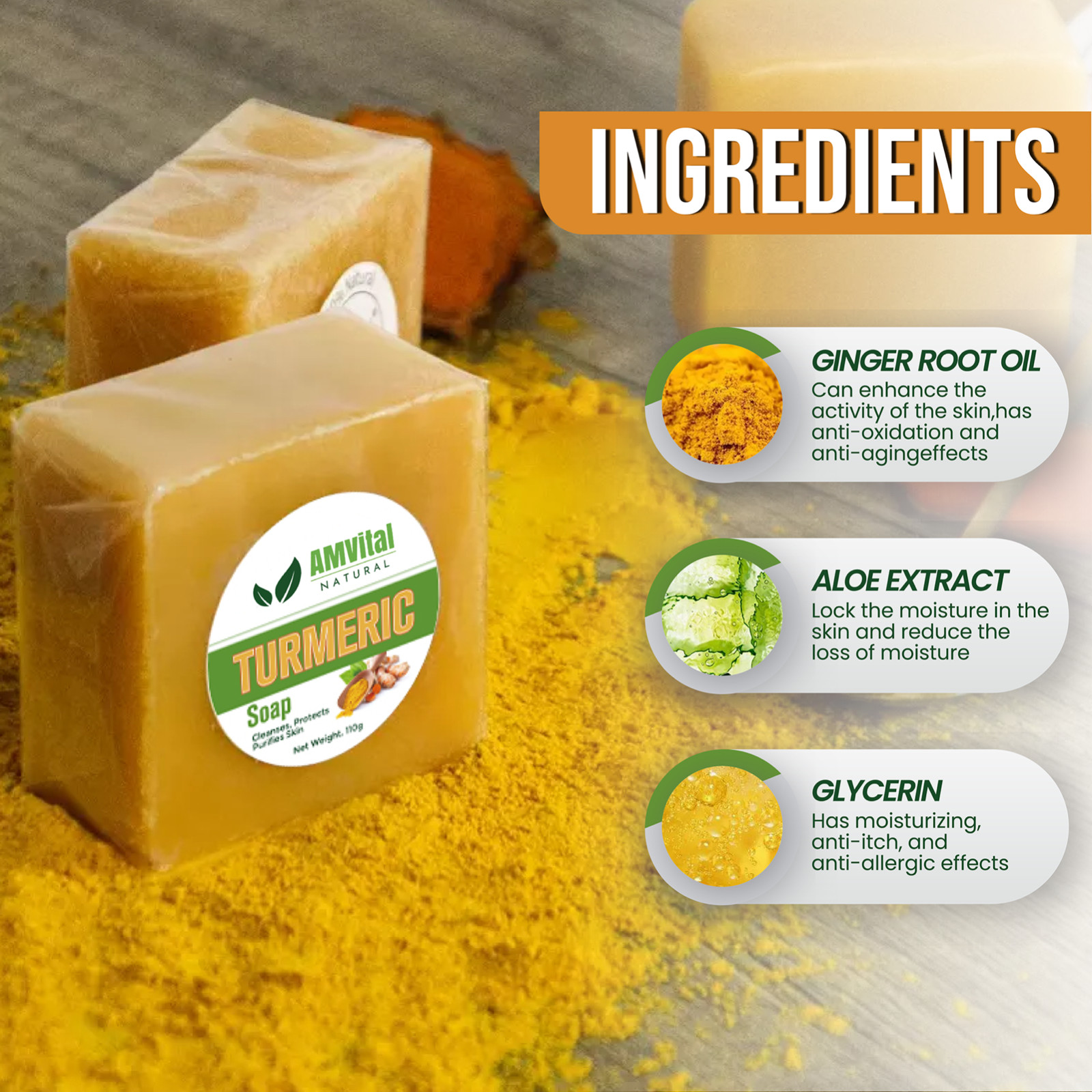 AMVital Turmeric Soap Bar for Face & Body-Acne, Dark Spots, Smooth Skin, Natural
