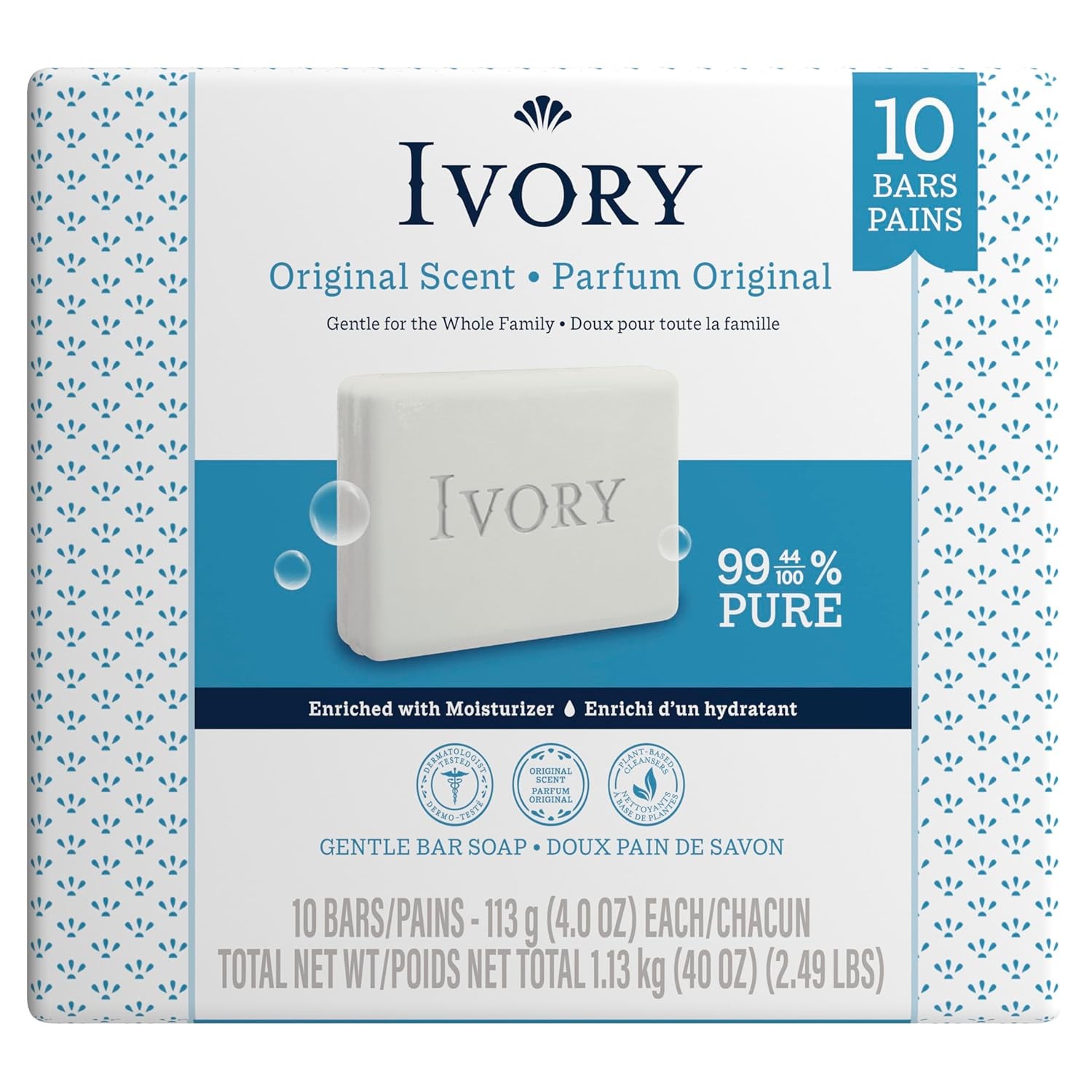 Ivory Gentle Bar Soap, Designed for Whole Family, 99.44% Pure Formula, Plant-Bas