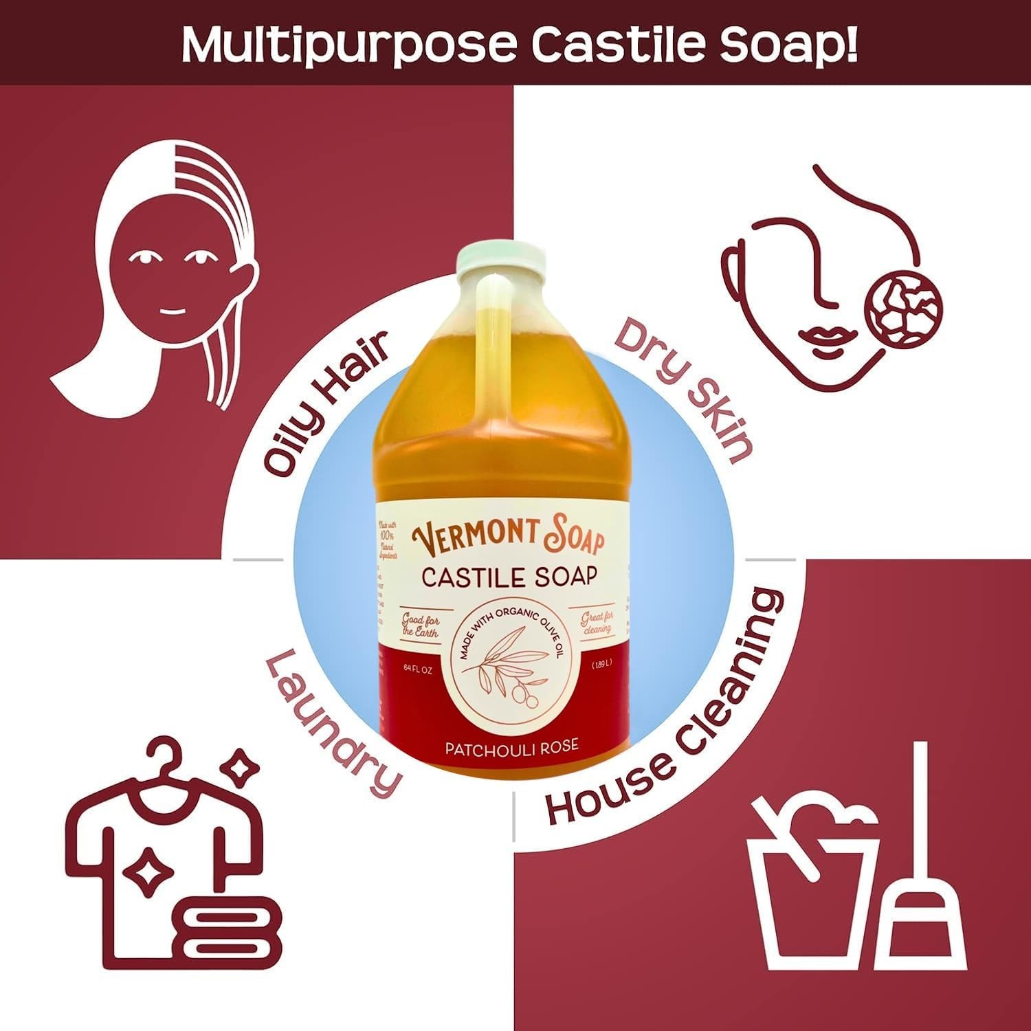 Organic Castile Body Wash & Shampoo – Patchouli Rose, 64 Oz