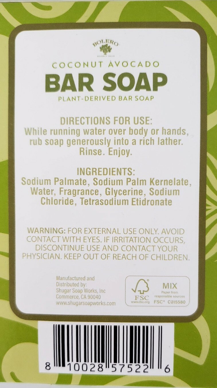 Bolero Coconut Avocado Bar Soap Plant-Derived 2 bar 5 oz each made in USA New