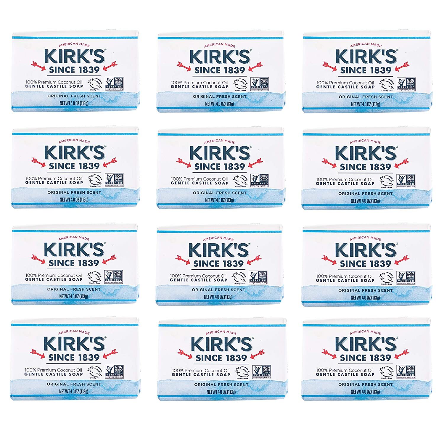 Kirk’s Vegan – Premium Coconut Oil Castile Soaps Original Fresh Scent- 12 Pack