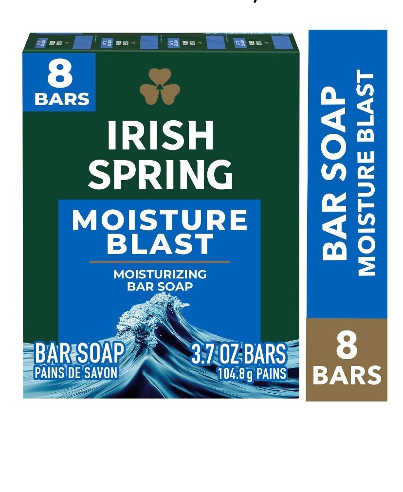 Irish Spring Bar Soap for Men, Moisture Blast Deodorant Bar Soap, 3.7 Oz, 8 Bar