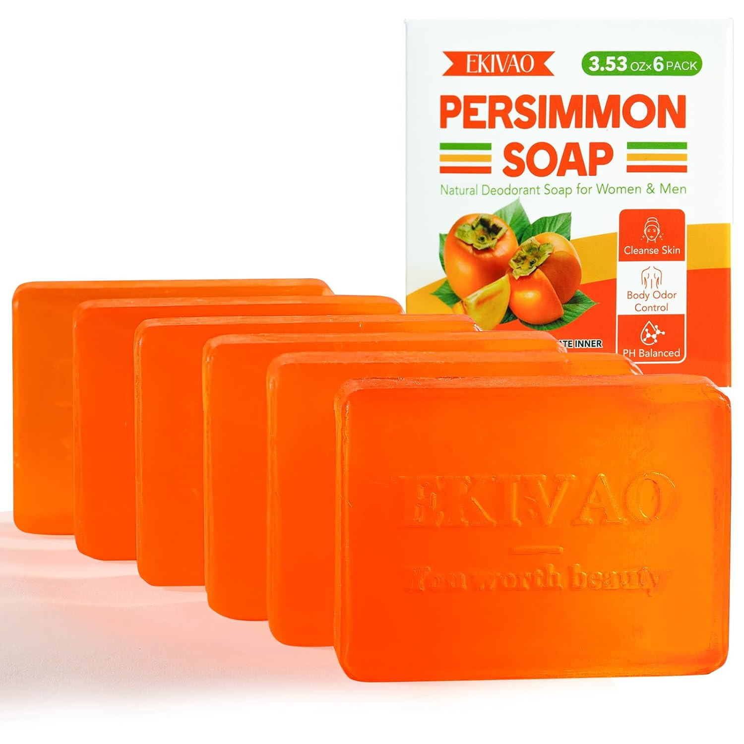 3Pack Natural Persimmon Soap Bar for Body Odor Control, Organic Deodorant Body P