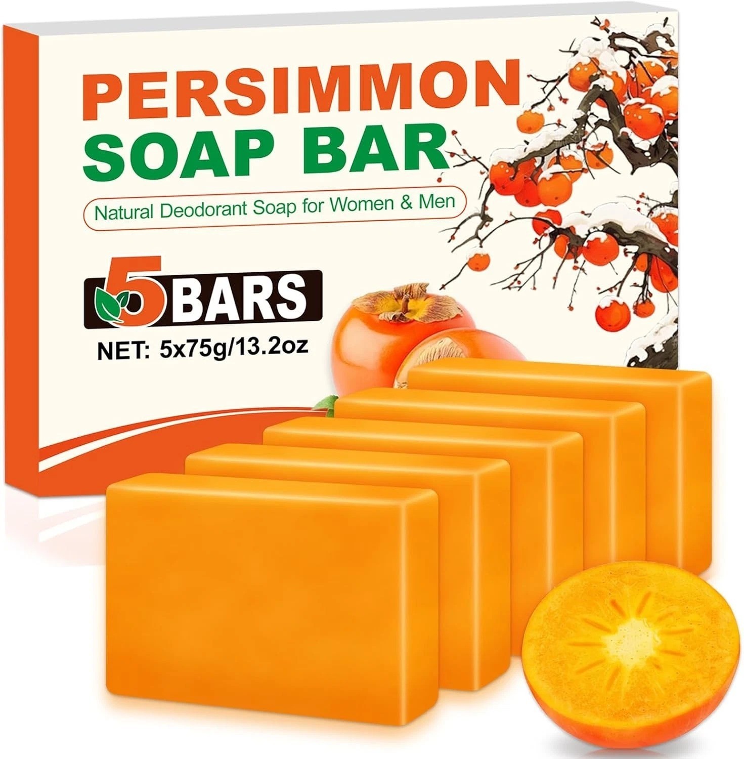 5 Pack Persimmon Soap Bar Body Odor Control Natural Deodorant for Men & Women