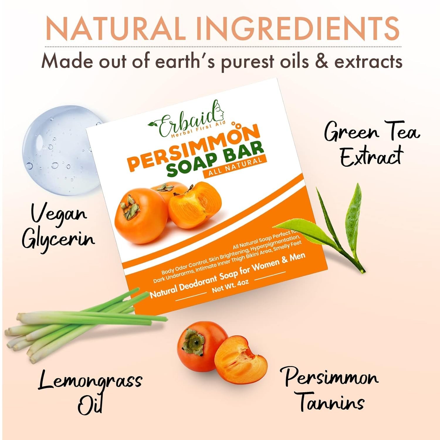 Natural Deodorizing Soap Bar – Persimmon & Green Tea – Skin Brightening Formula