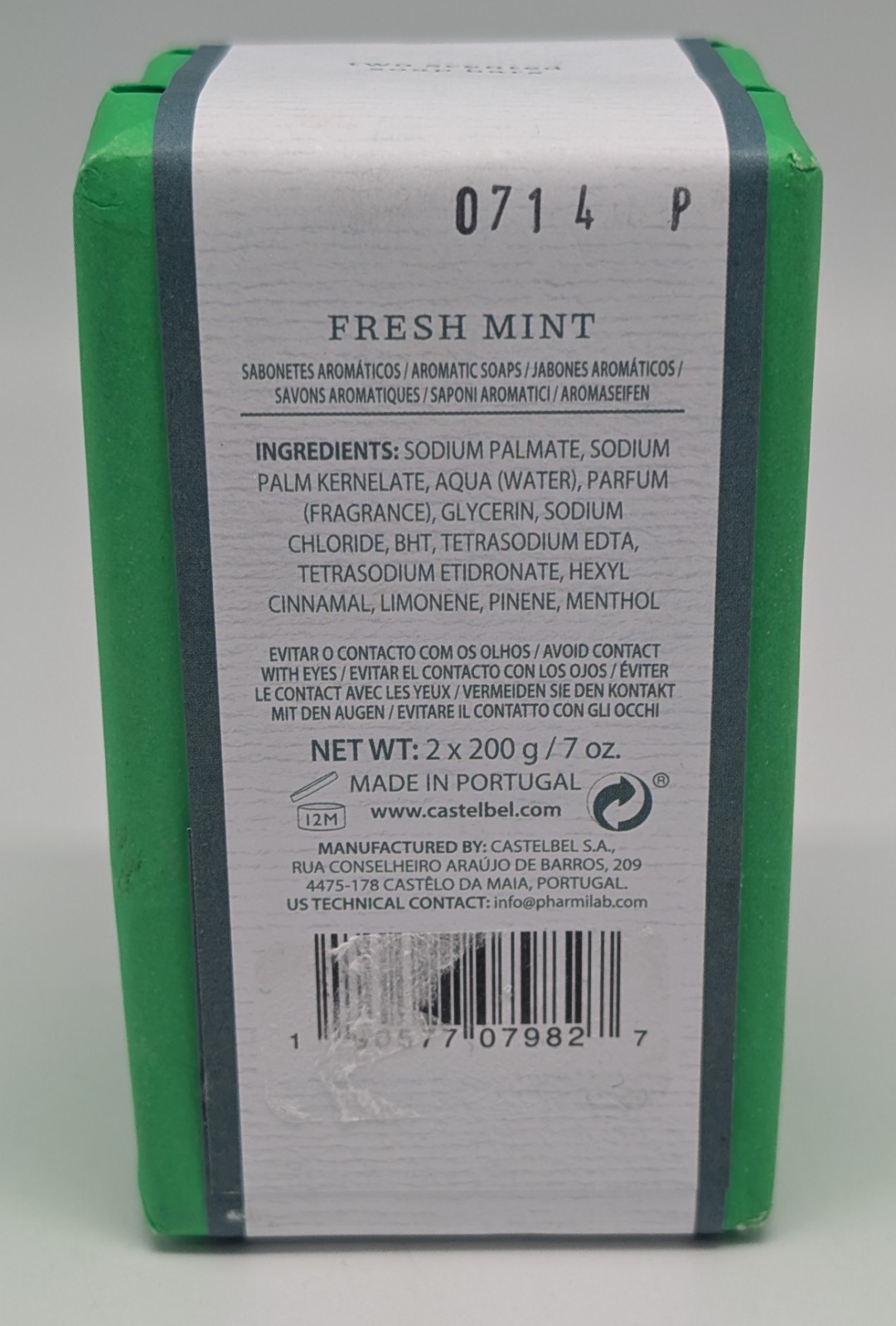 2 pk Castelbel Fresh Mint Scented Bar Soap 7oz each Luxury Soap Made in PORTUGAL