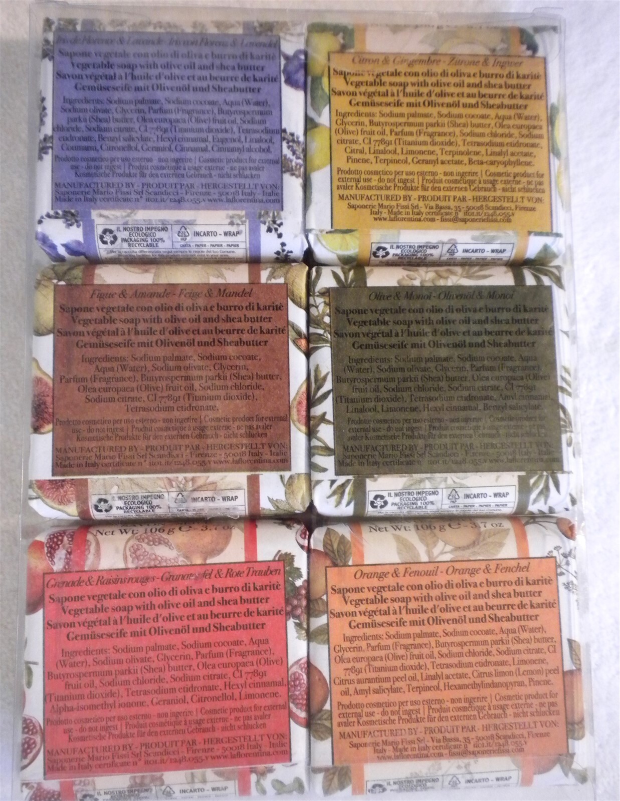 LA FLORENTINA ITALY W/ SHEA BUTTER 6 BAR SOAP SET FIG , LEMON ++ 3.7 OZ EA=22 OZ
