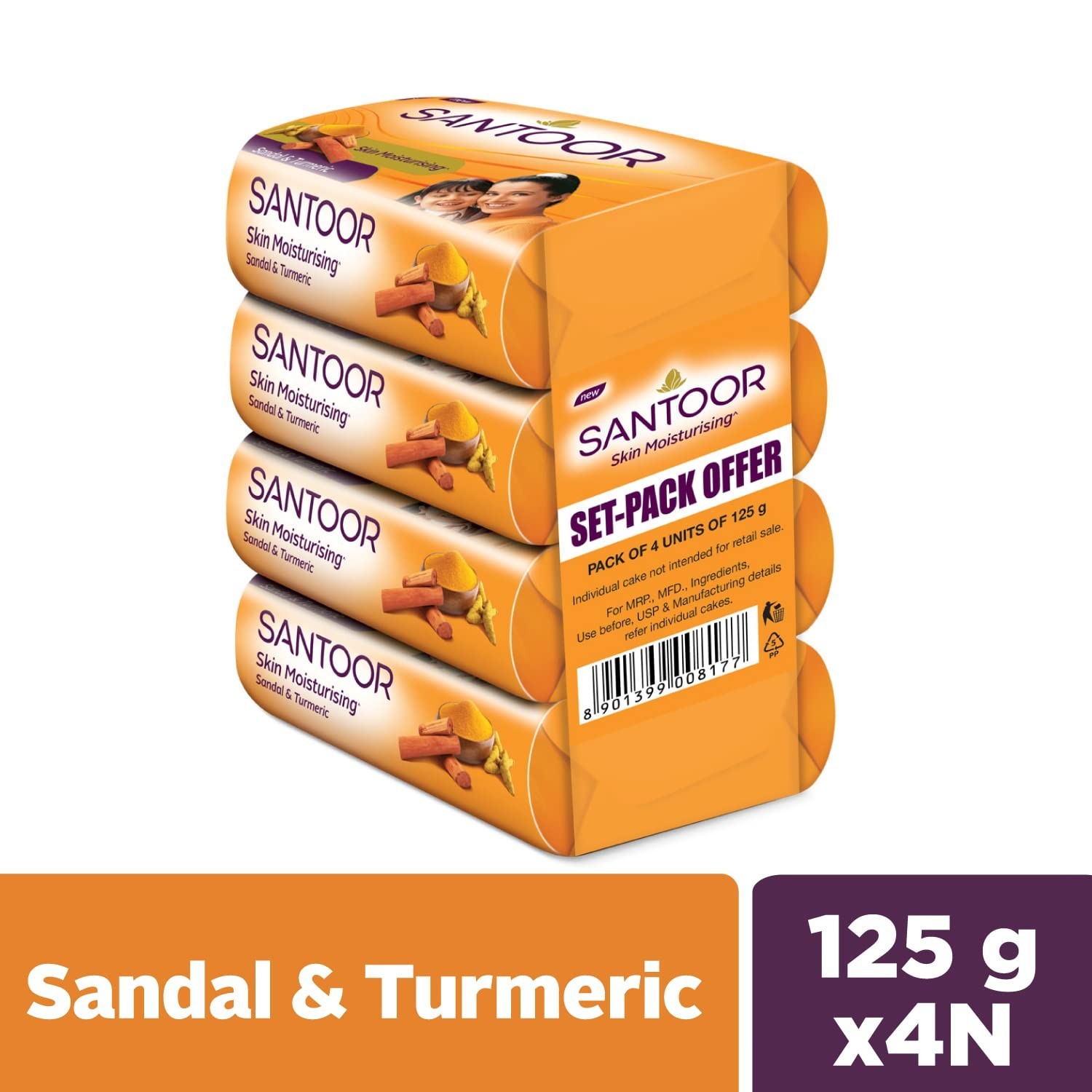 Santoor Sandal Turmeric Soap 125g x 4 Moisturizing Bath Soap for All Skin