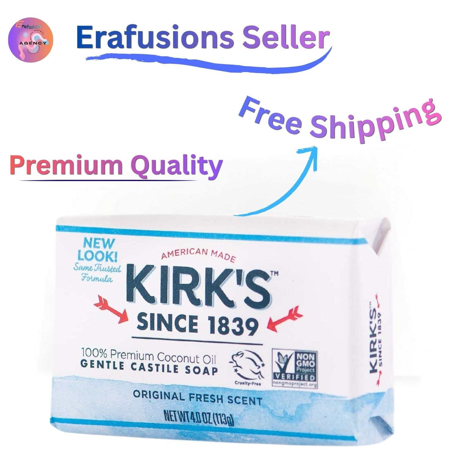 Kirk’s Natural Castile Soap Bar 4oz Organic Hypoallergenic Sensitive Skin