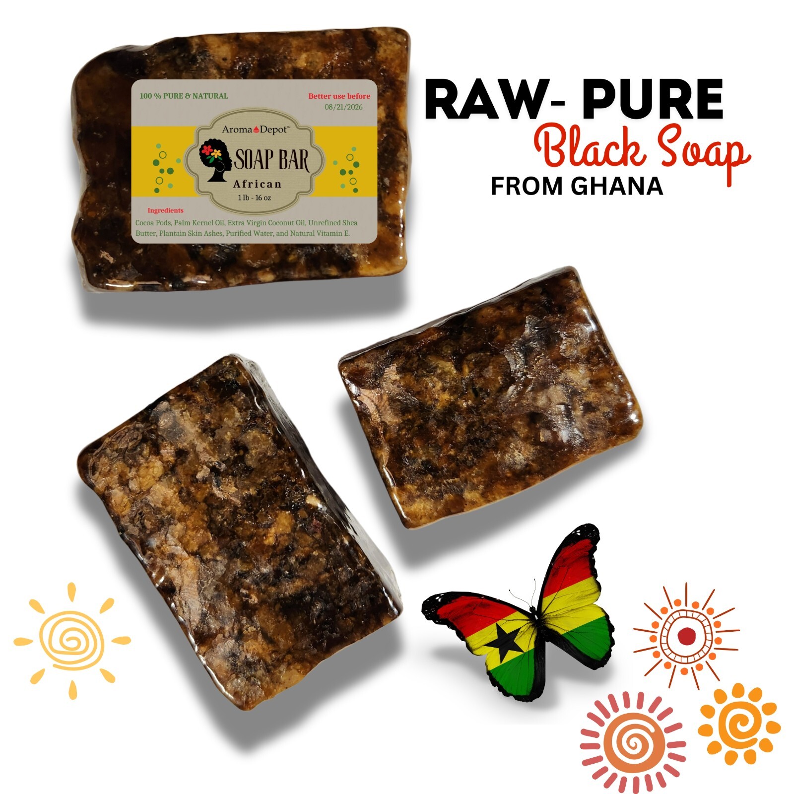 Organic African Black Soap Bar 4 oz. Handmade Natural Skin Body Hair Face Wash