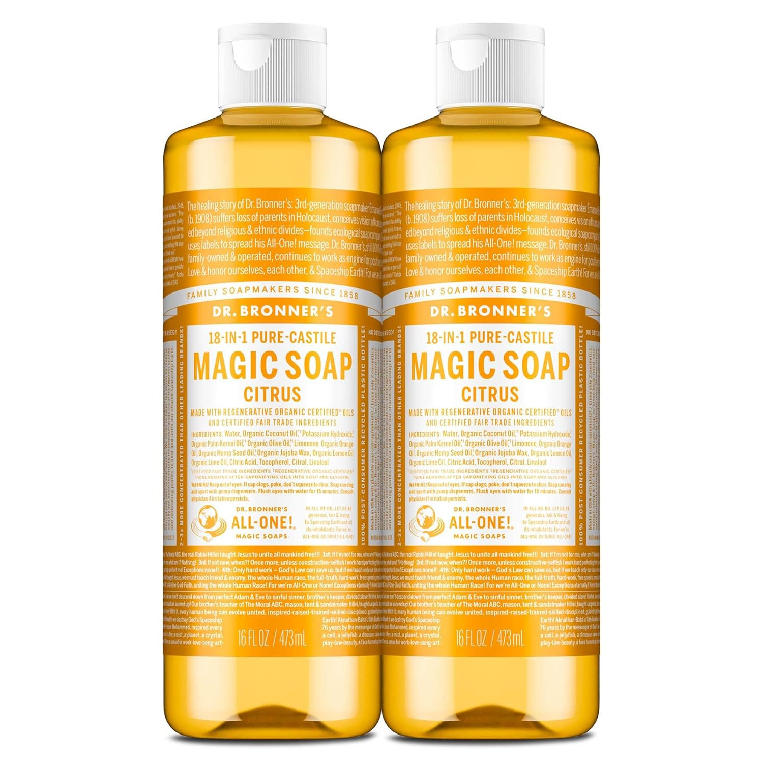 Dr. Bronner’s Citrus Pure-Castile Soap 32oz 2-Pack – 18 Uses, Vegan, Organic