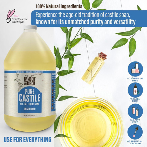 BAMBOO AND BIRCH Pure Castile Soap Liquid, Certified 64 Fl Oz (Pack of 1)
