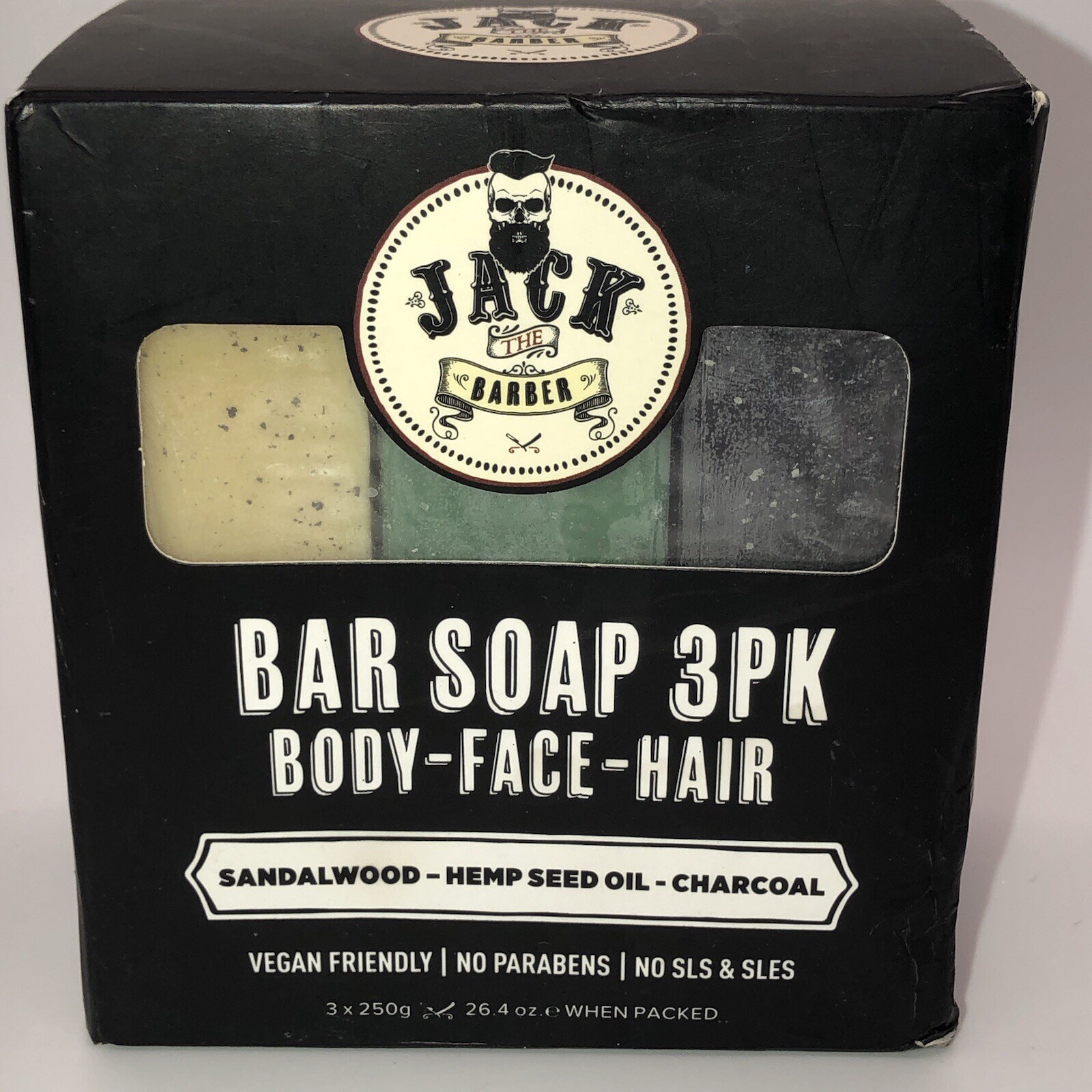 Jack The Barber Soap 3 Pack Body Face Hair Sandalwood Hemp Seed Oil Charcoal
