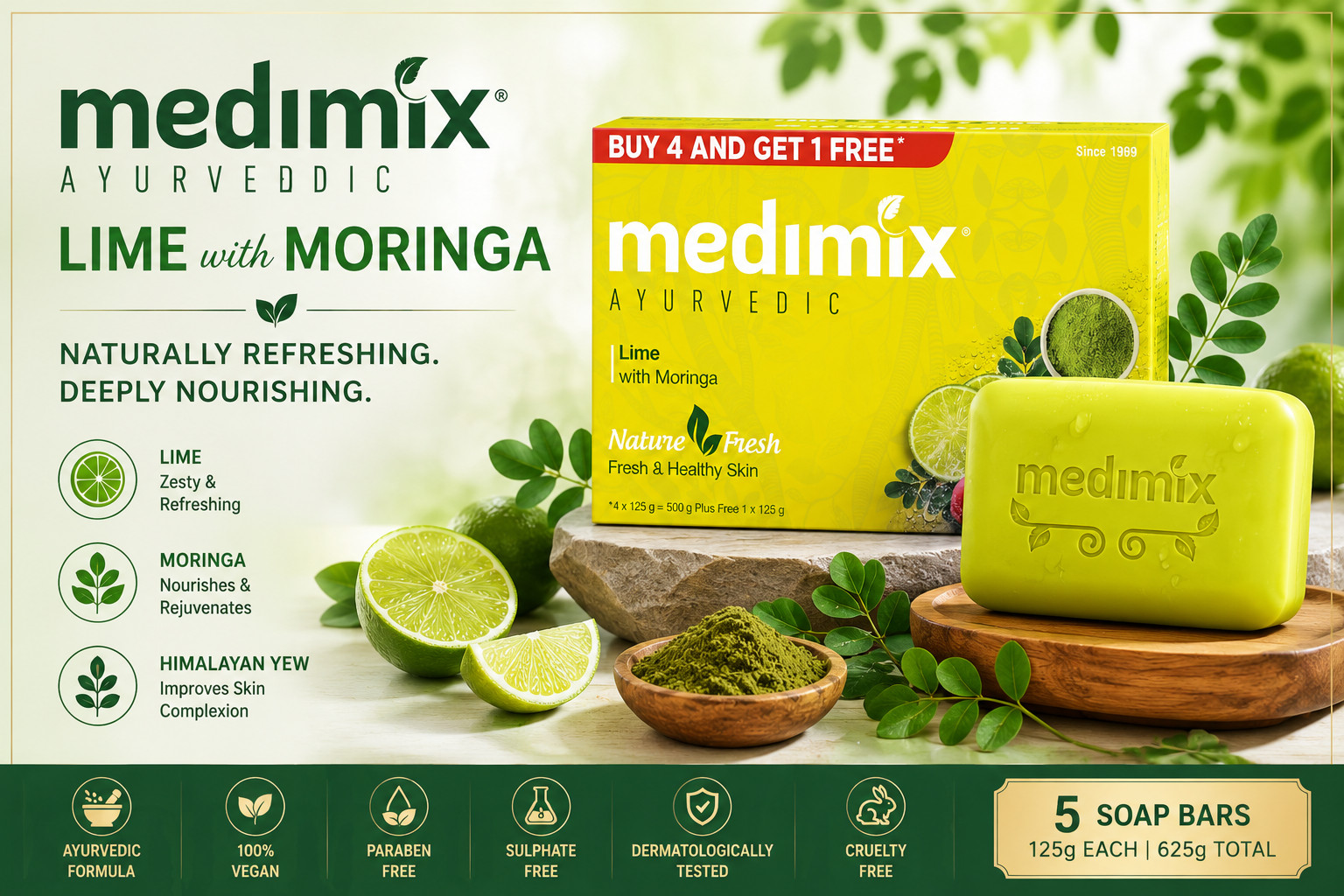 Medimix Herbal Bath Soap with Lime & Moringa | 5 x 125g | Ayurvedic Body Soap