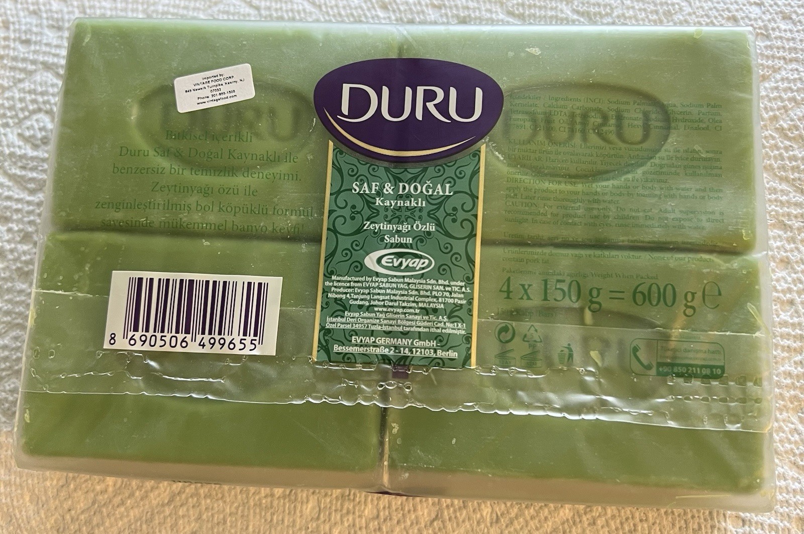 DURU Turkish VEGAN Soap Bar,with high quality olive oil .4×150 g=600g .