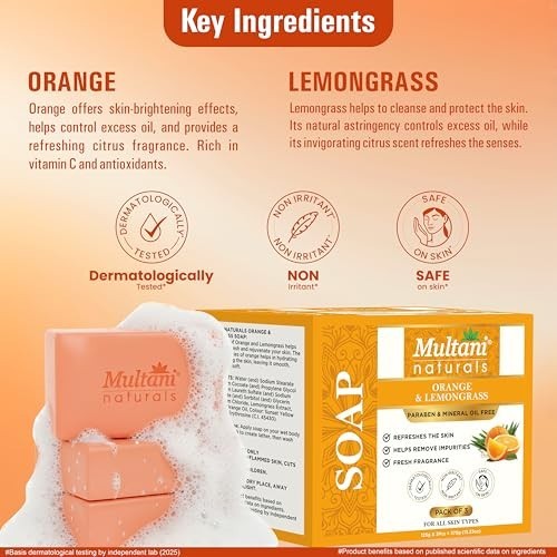 Multani Orange Lemongrass Soap 125g Pack of 3 Oil Control Body Bars FS