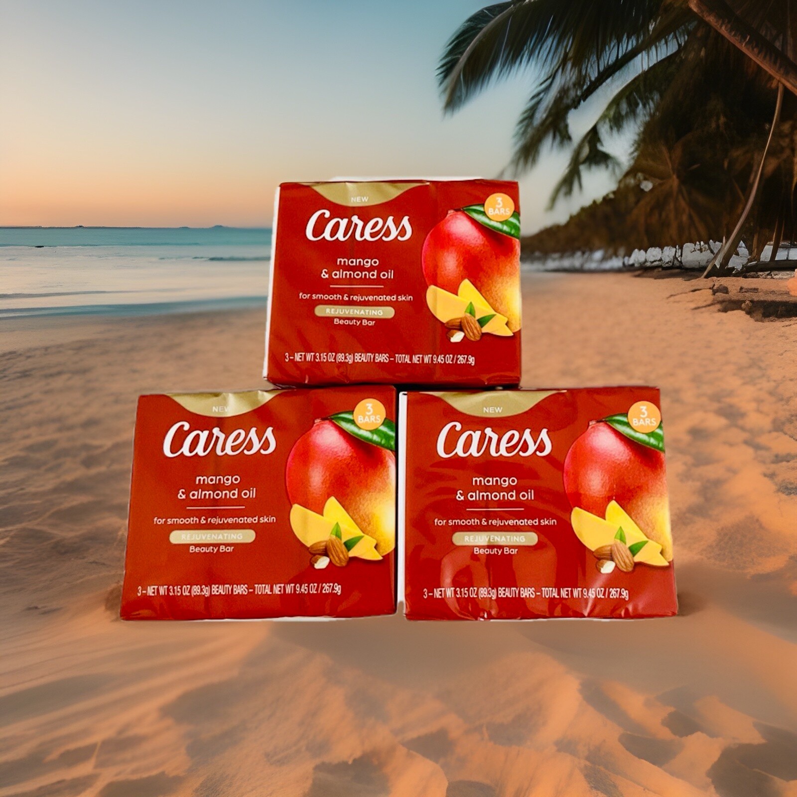 Caress Rejuvenating Beauty Bar Soap Mango & Almond Oil – 2 Pack, 6 Bars Total