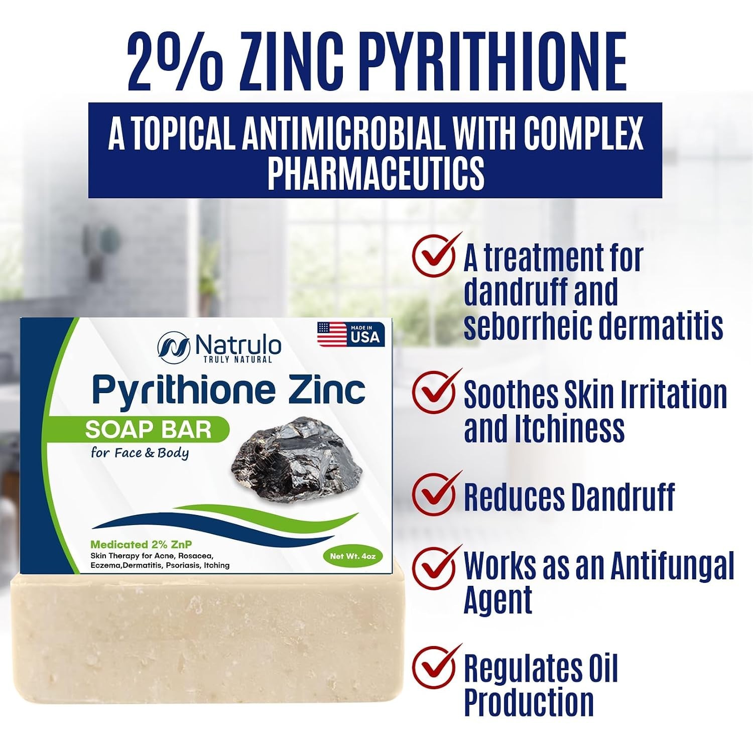Pyrithione Zinc Soap Bar for Face & Body, 4oz | Medicated 2% ZnP Bar Soap Ski…