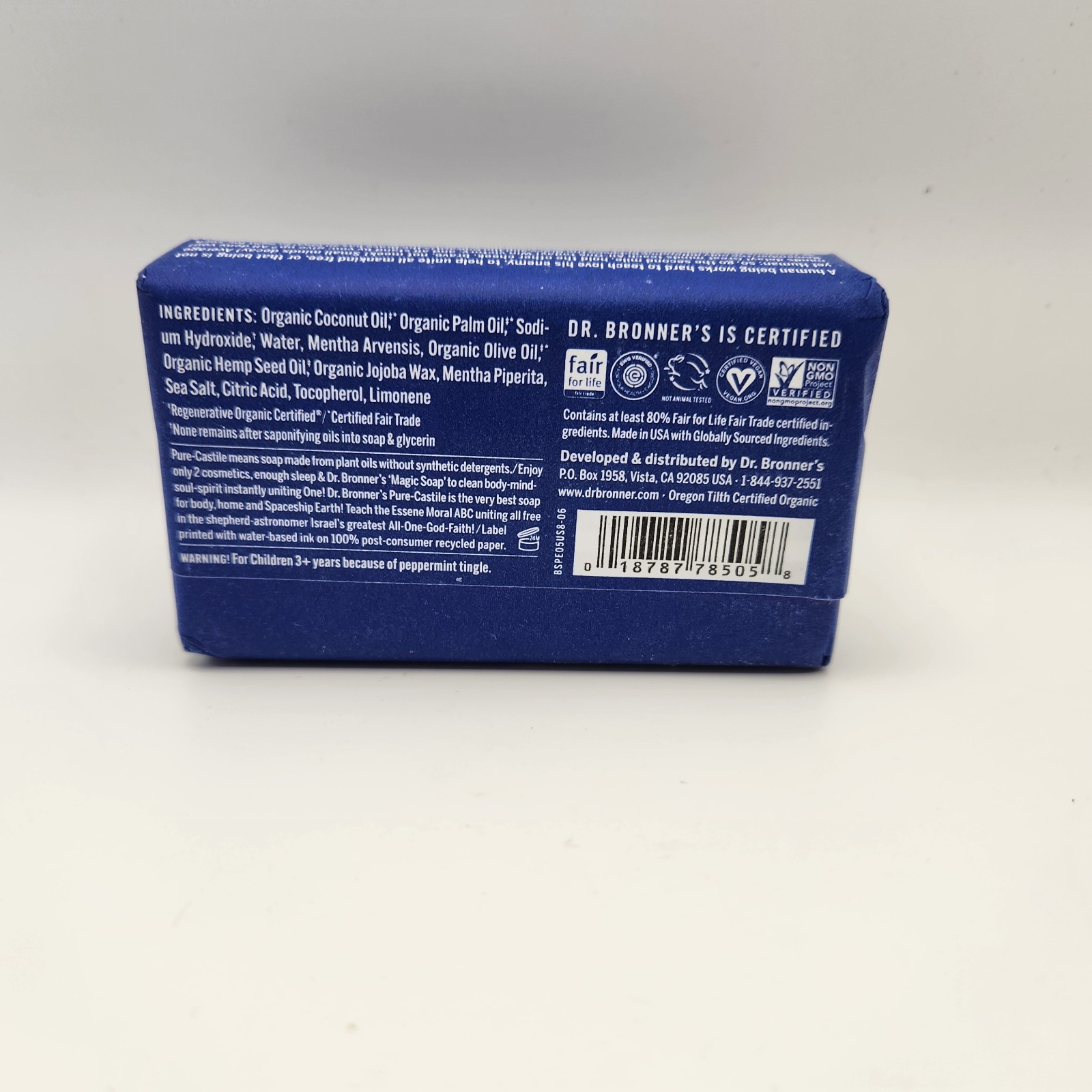 Dr. Bronners Pure-Castile Bar Soap Peppermint Hemp 5 oz Fair-Trade