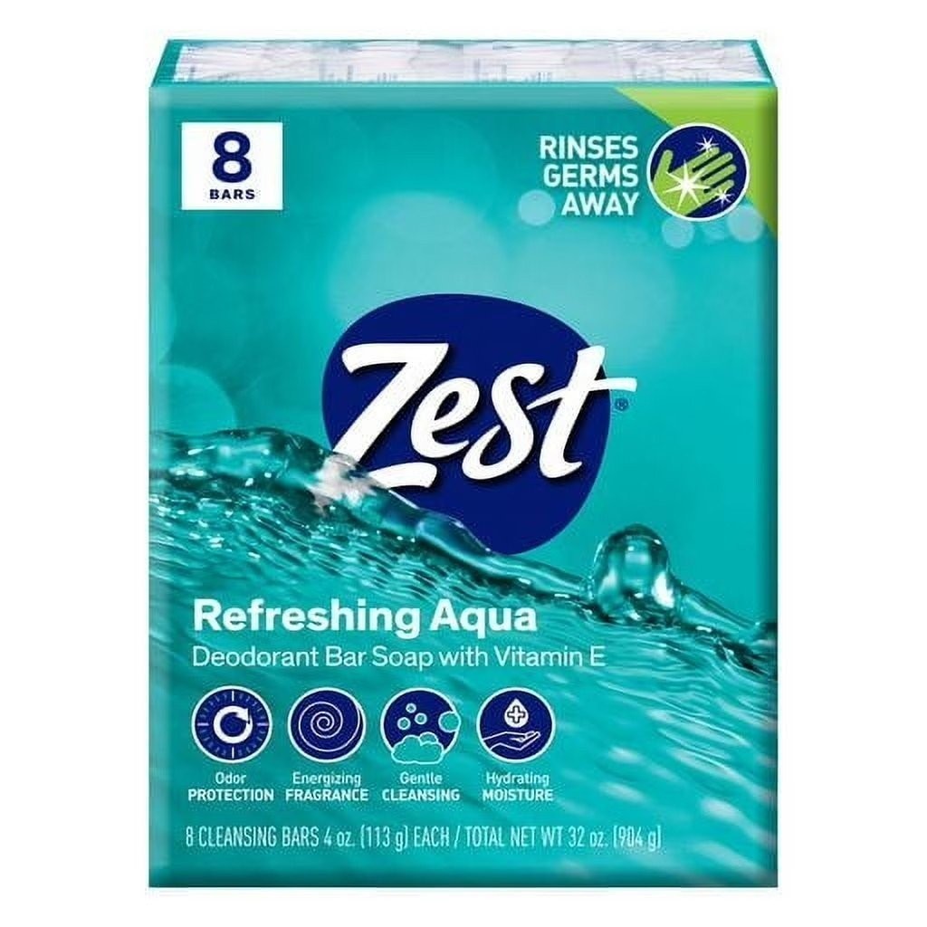 Zest Deodorant Bar Bath Soap, Hydrating Moisture, Aqua, 4 oz, 8 Bars, Pack of 4