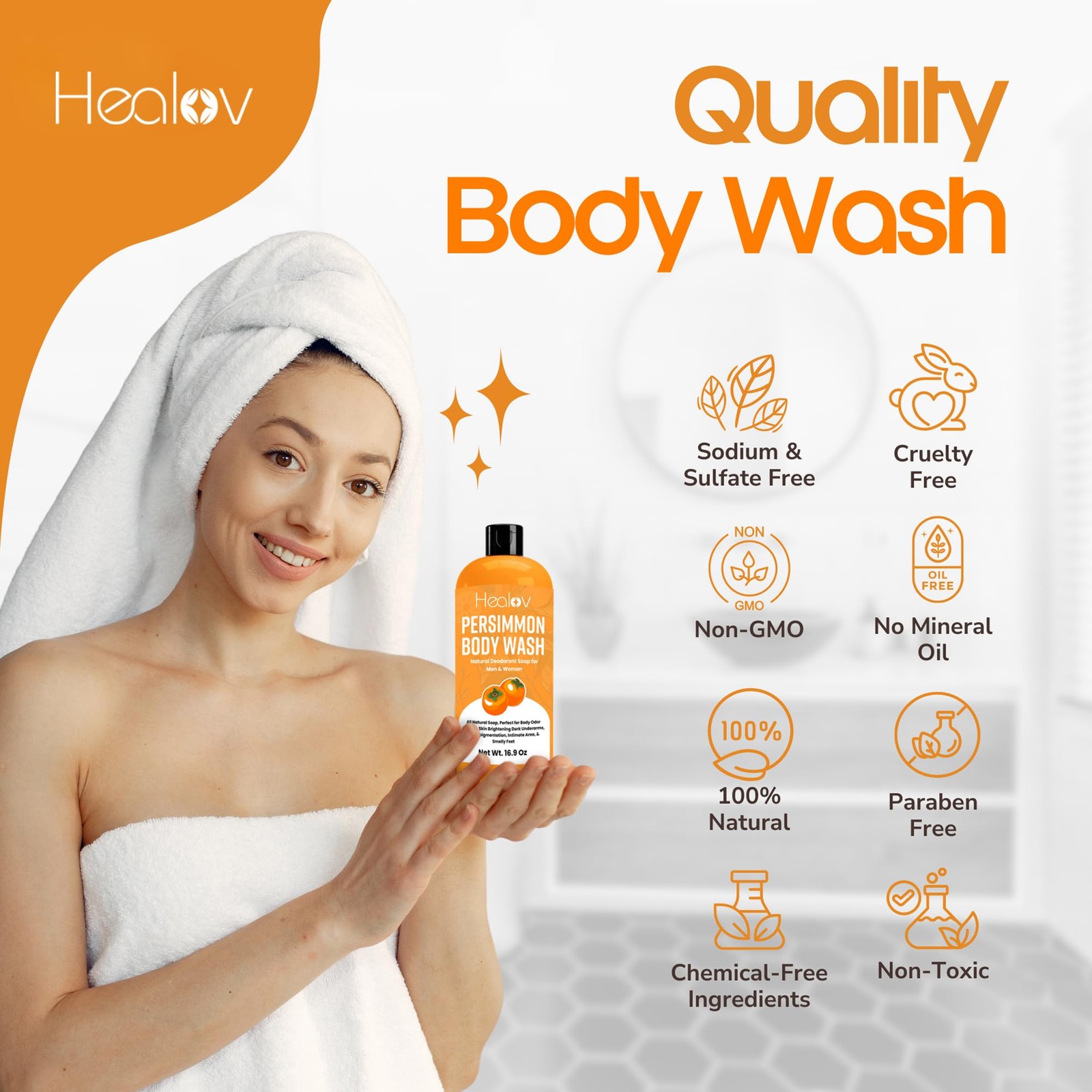 Healov Persimmon Body Wash for Odor Control – 16.9 Ounce (Pack of 1)