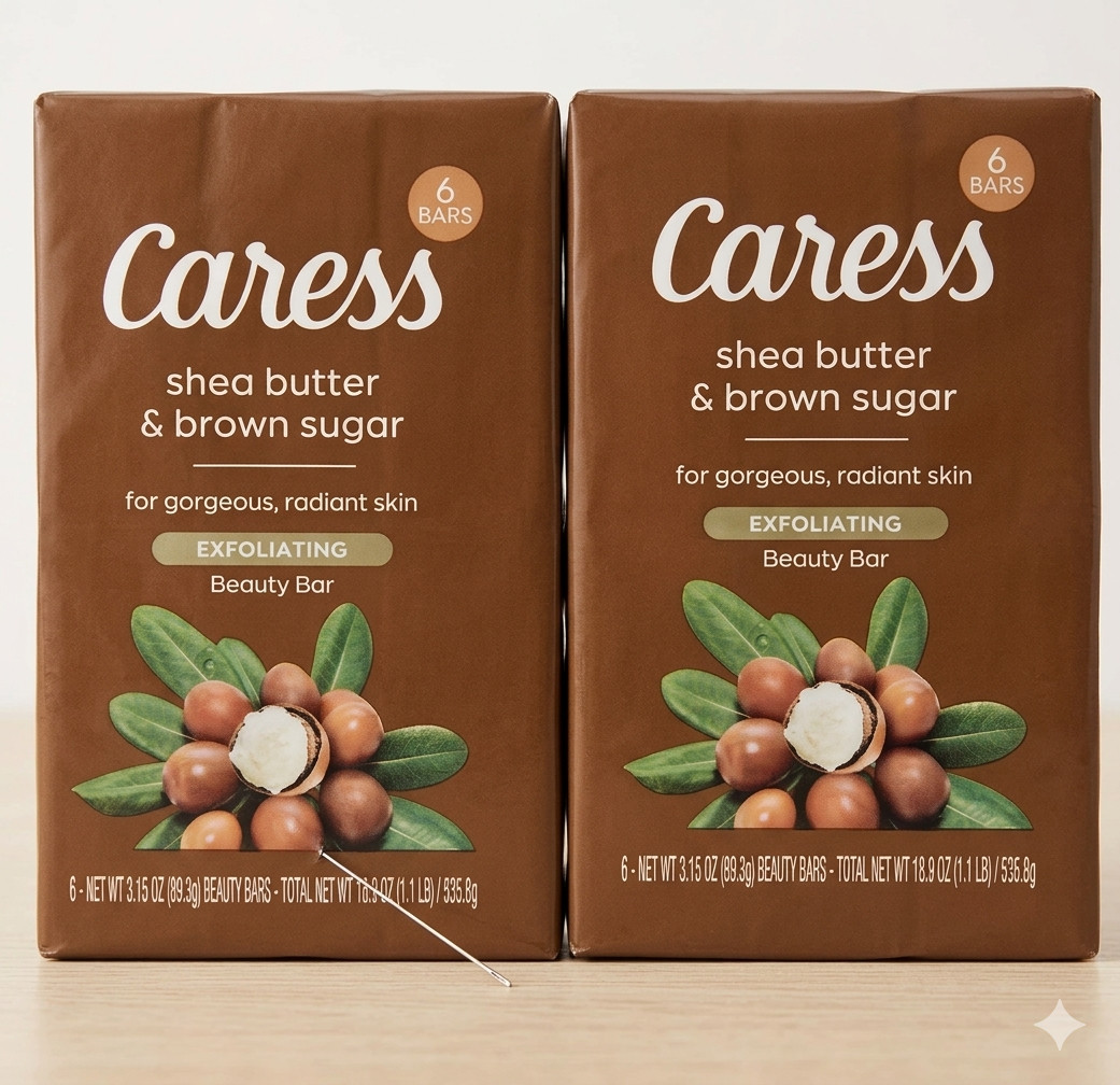 2X Caress Shea Butter Brown Sugar Bar Soap Exfoliating 6CT (12 Bars Total)