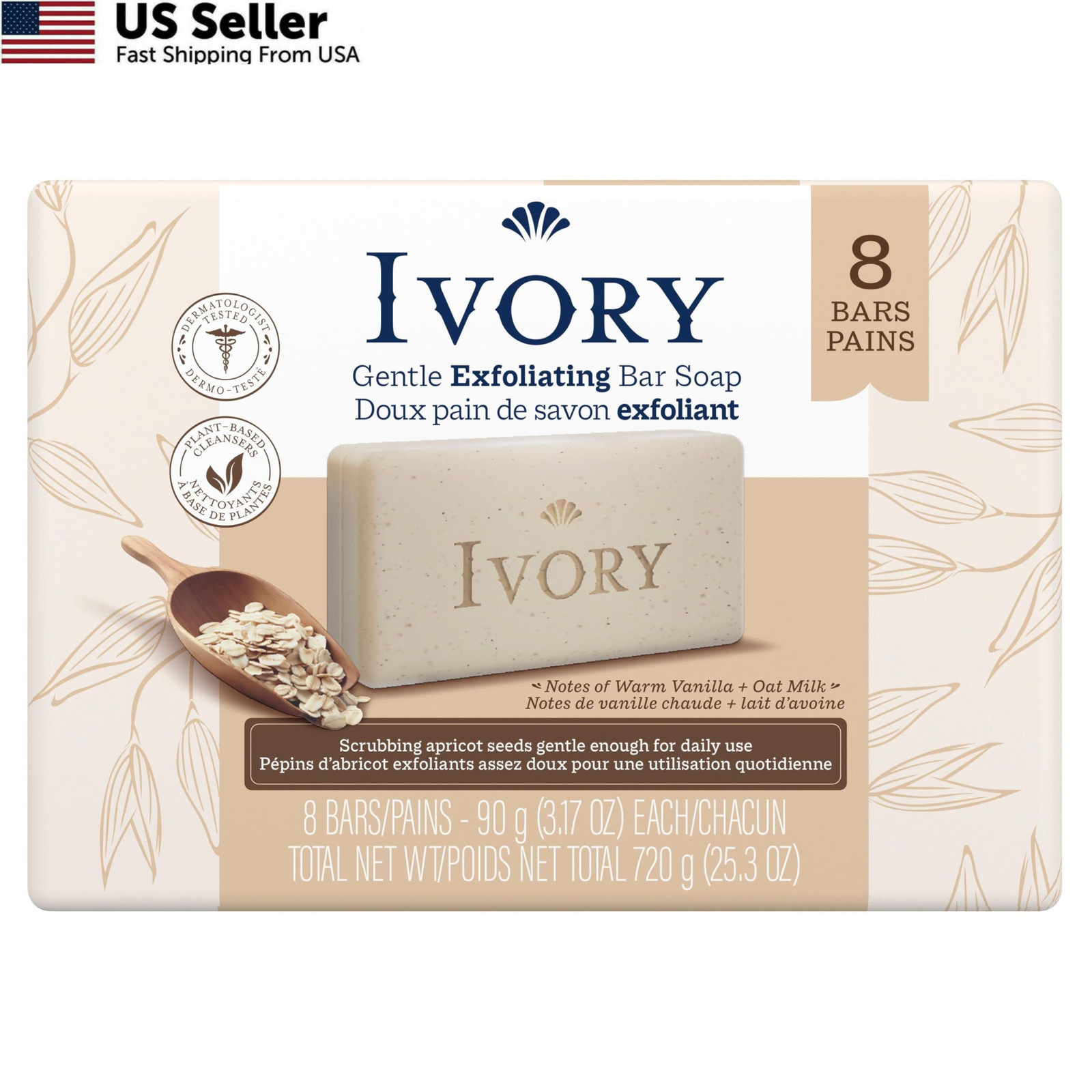 Ivory Exfoliating Bath Bar Soap, Designed for 3.17 Ounce (Pack of 8), Clear