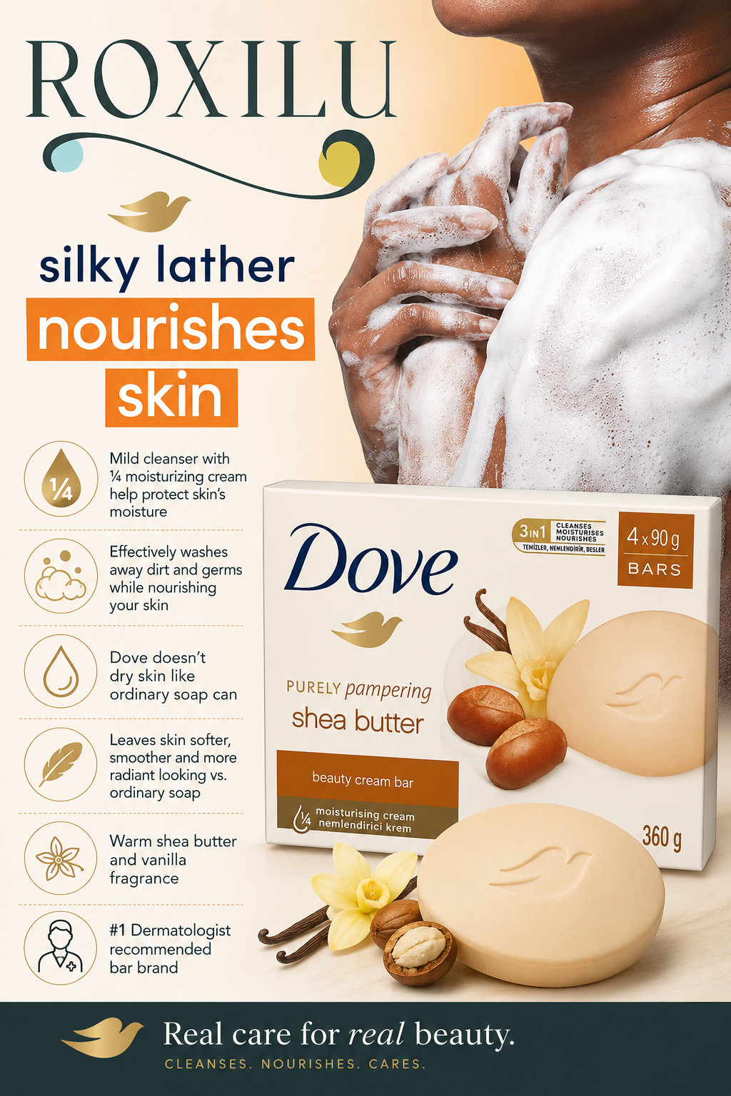 Dove Shea Butter & Vanilla Moisturizing Cream Beauty Soap 4 BARS (Total 15 oz)