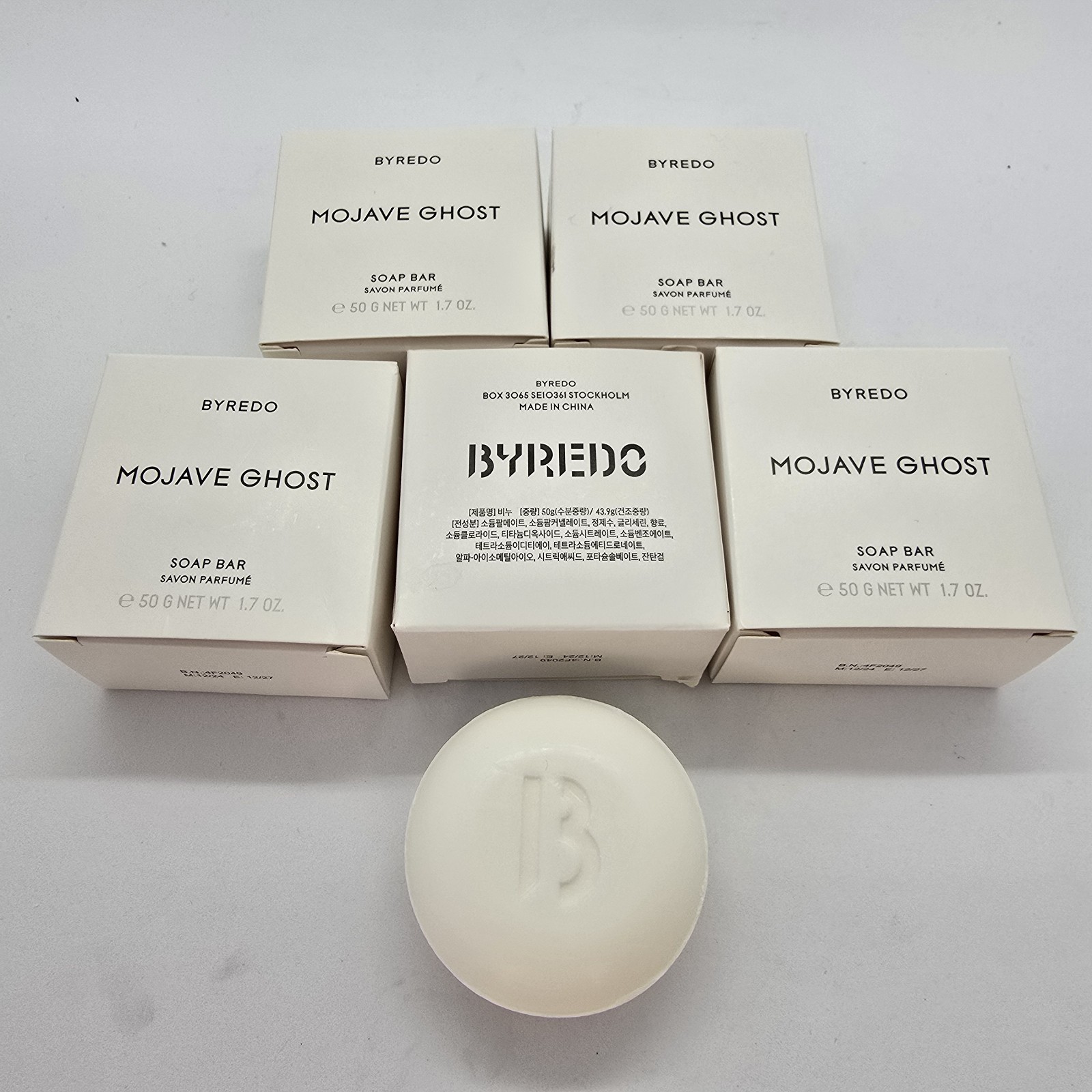 5 x 1.7 oz each BYREDO Mojave Ghost Body & Hand Soap Bars, White Disc