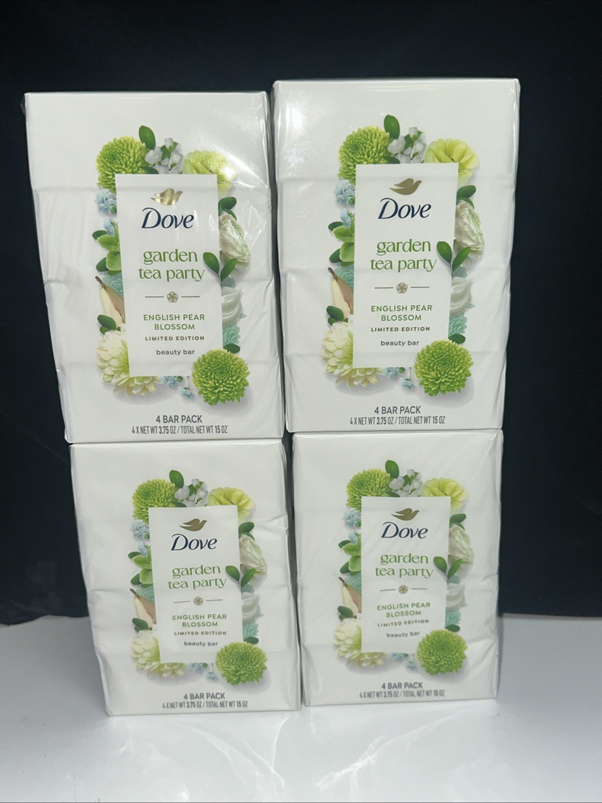 DOVE–16 BARS GARDEN TEA PARTY English Pear Blossom LTD ED- EACH 3.75oz Bar Soap