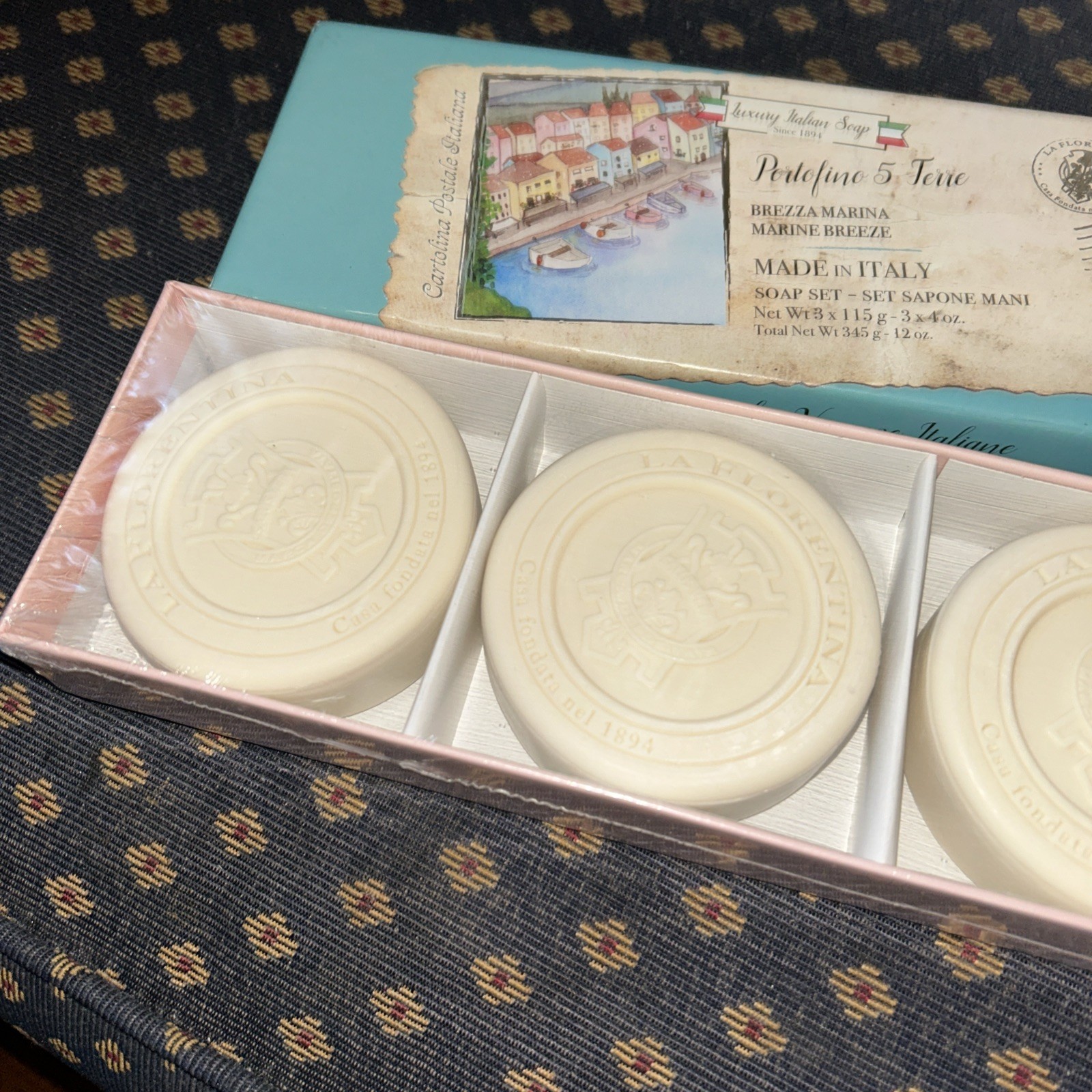 Italian Soaps- Portofino 5 Terre-Marine Breeze-Soap Set of 3 x115g -Made/ Italy