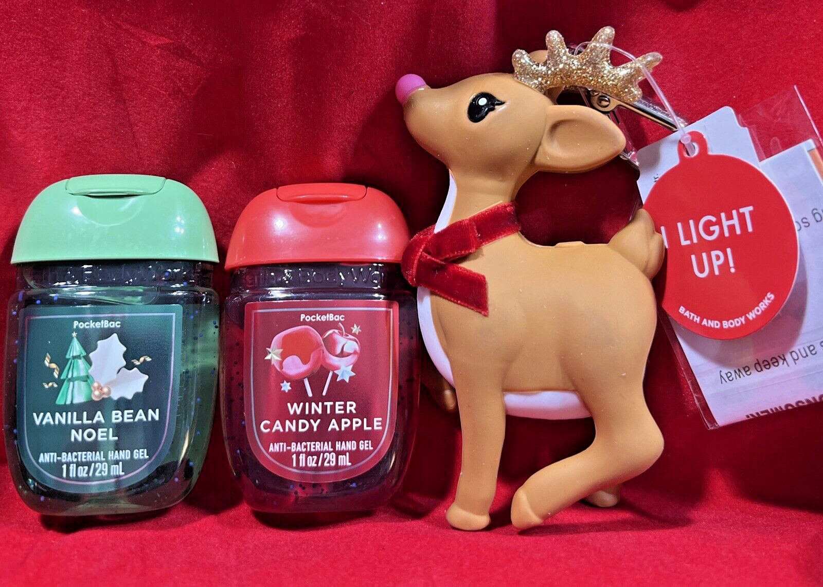 Bath Body Works Reindeer Light Up Nose Pocket *Bac Holder + 2 Hand Gel LOT