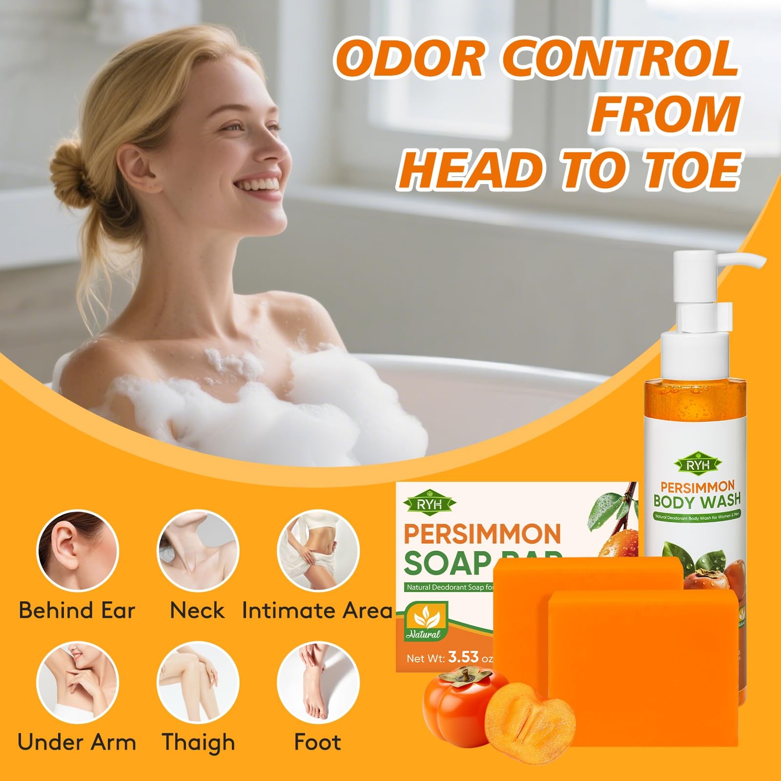 RYH 2 PCS Persimmon Soap Bar and Persimmon Body Wash for Body Odor Control, N…
