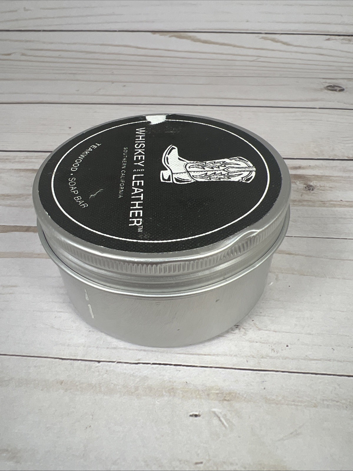Sand & Fog Whiskey and Leather Teakwood Soap Bar Round Metal Tin 7oz