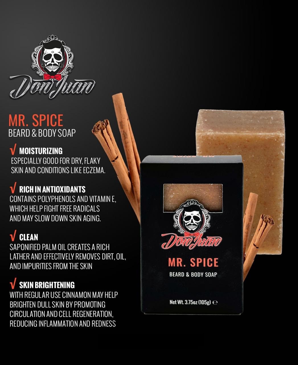 Don Juan Mr. Spice Cinnamon Clove Long Lasting Organic Beard Face Soap 3.75 Oz.