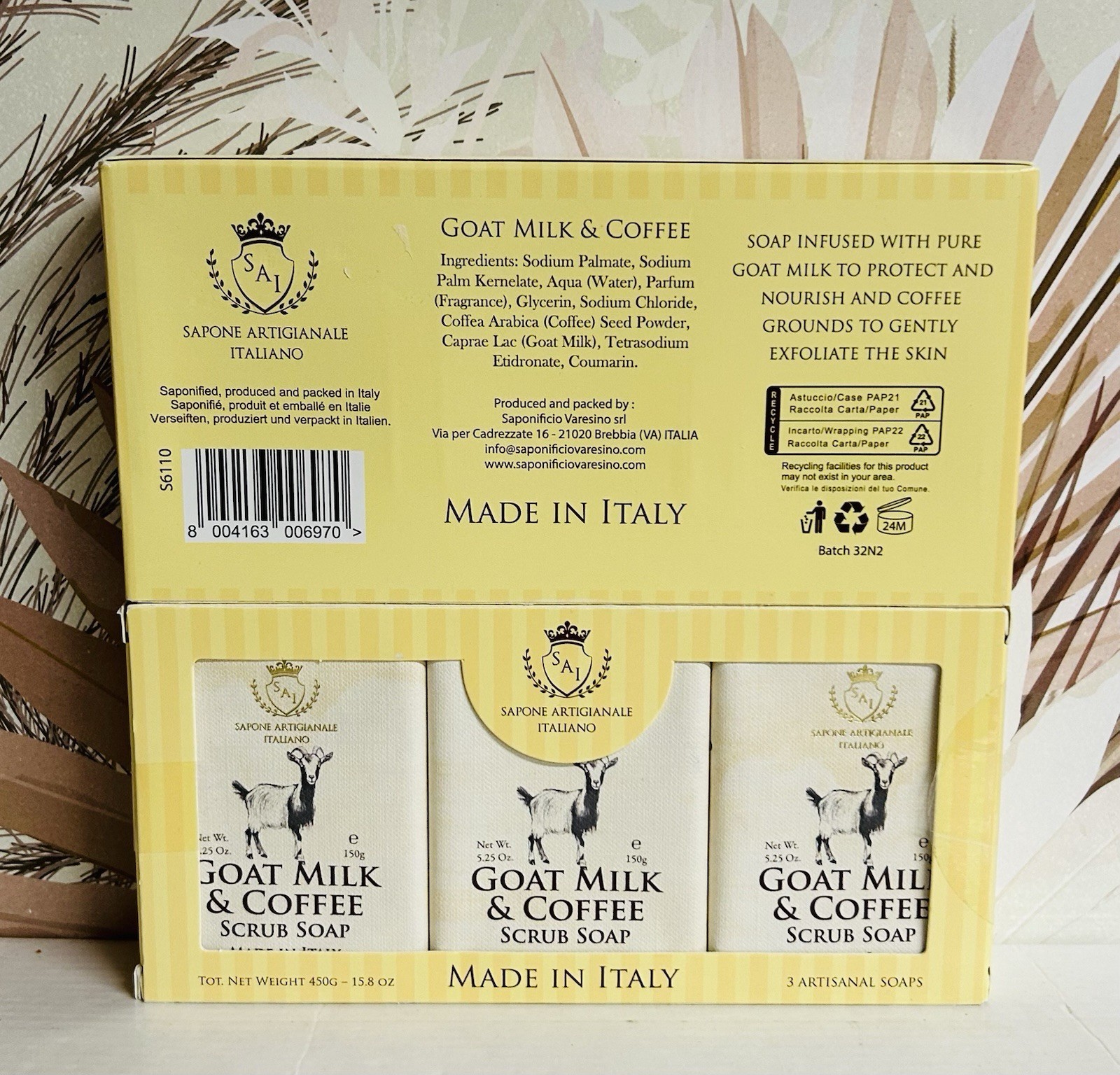2-Pack Saponificio ~ Goat Milk & Coffee Scrub Soap 6 Bars 5.25 oz Each