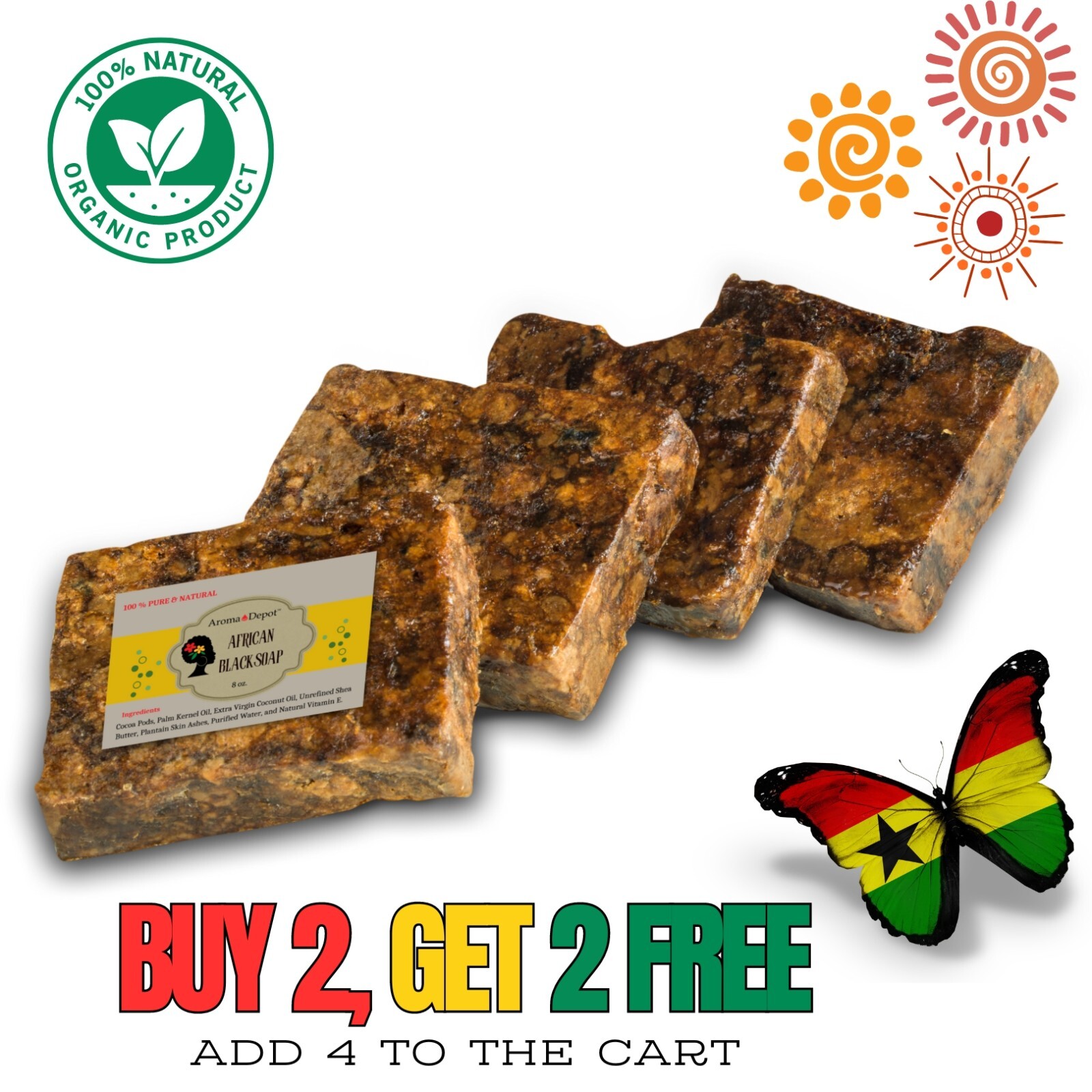 Organic African Black Soap Bar 4 oz. Handmade Natural Skin Body Hair Face Wash