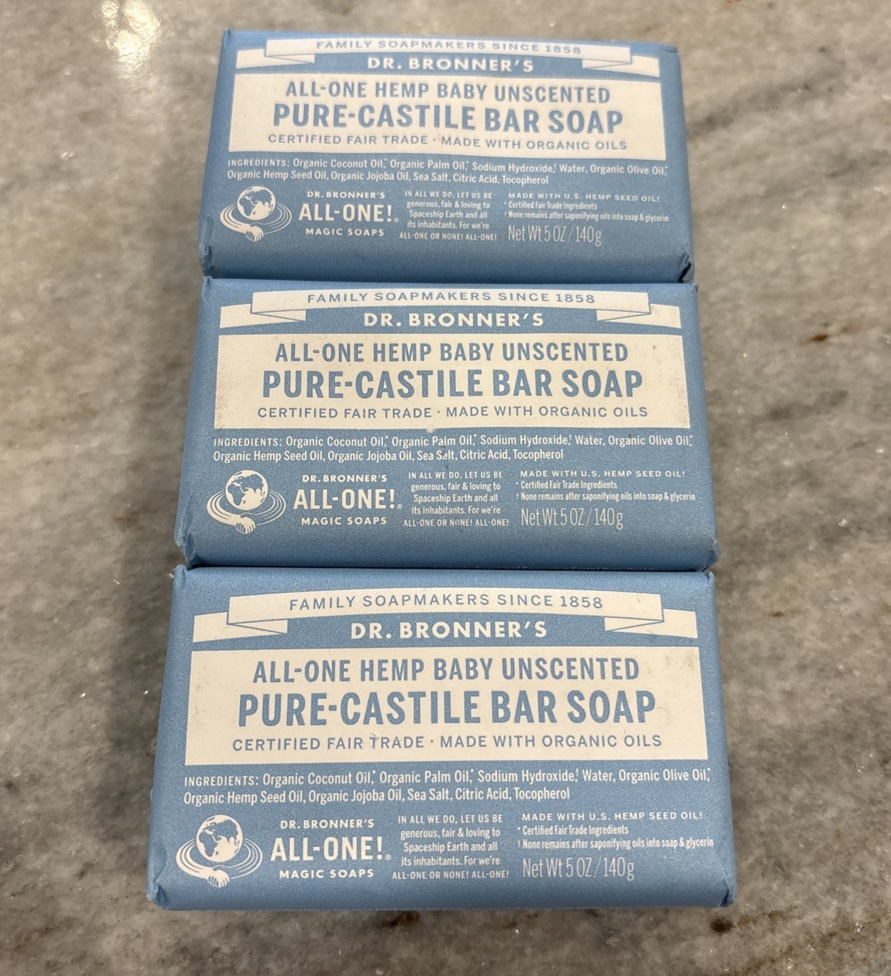 3 Pack Dr Bronner’s All-One Hemp Baby Unscented Pure Castile Bar Soap Organic