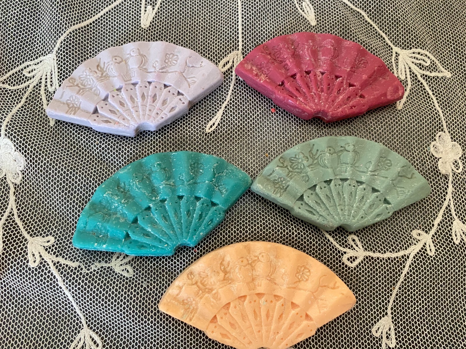 Vintage Lot of 5 Asian Fan Shaped Scented Soaps Decor Display