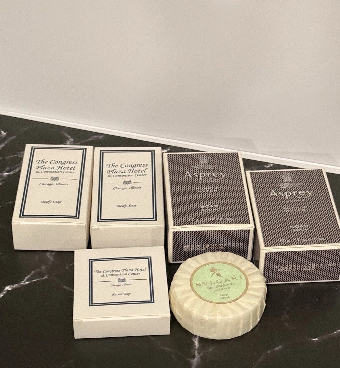 Fancy Luxury Hotel Travel Soap Lot Bvlgari Green Tea, Asprey, The Congress Plaza