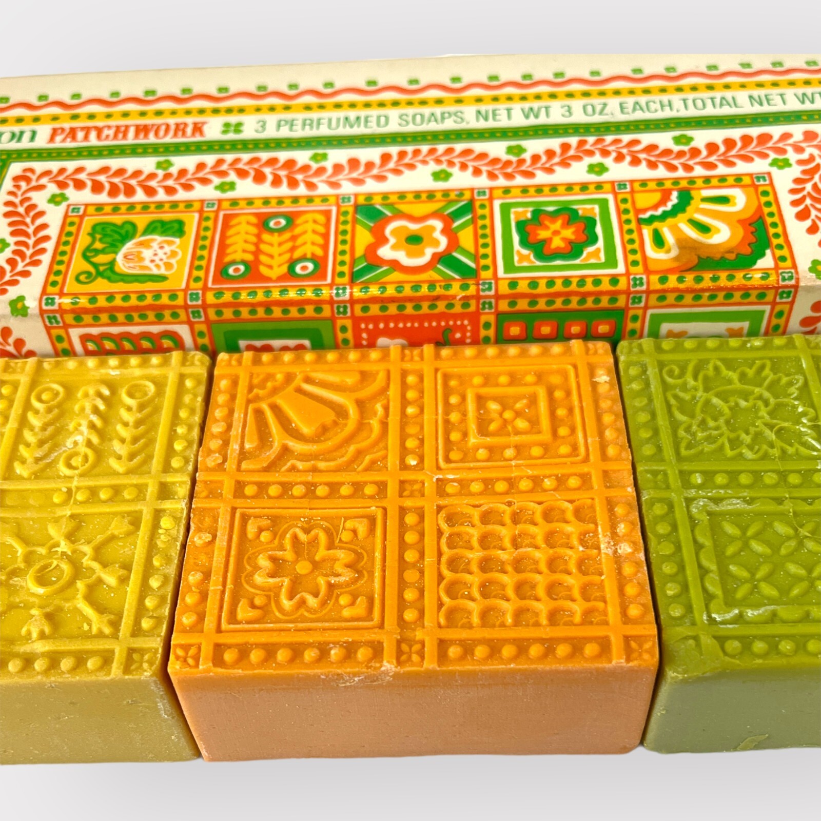 Vintage Avon Patchwork Perfumed Soap 3 3 oz Bars Set Yellow Orange Green Prop